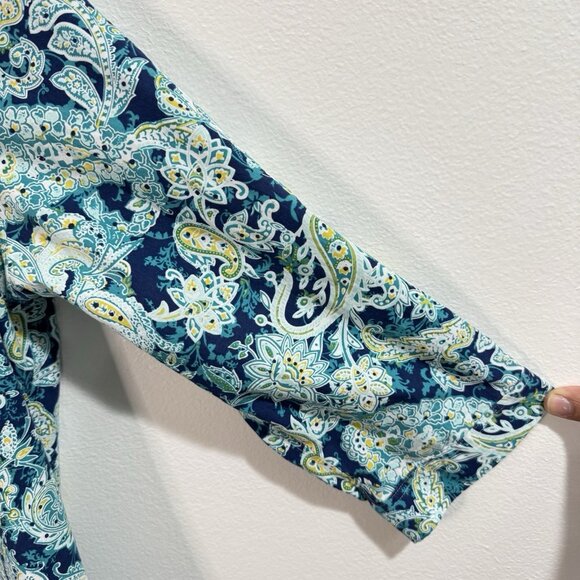 Lands' End Shirt Blouse 12 / L No Iron Supima Cotton Paisley Blue 3/4 Sleeves - Picture 3 of 8